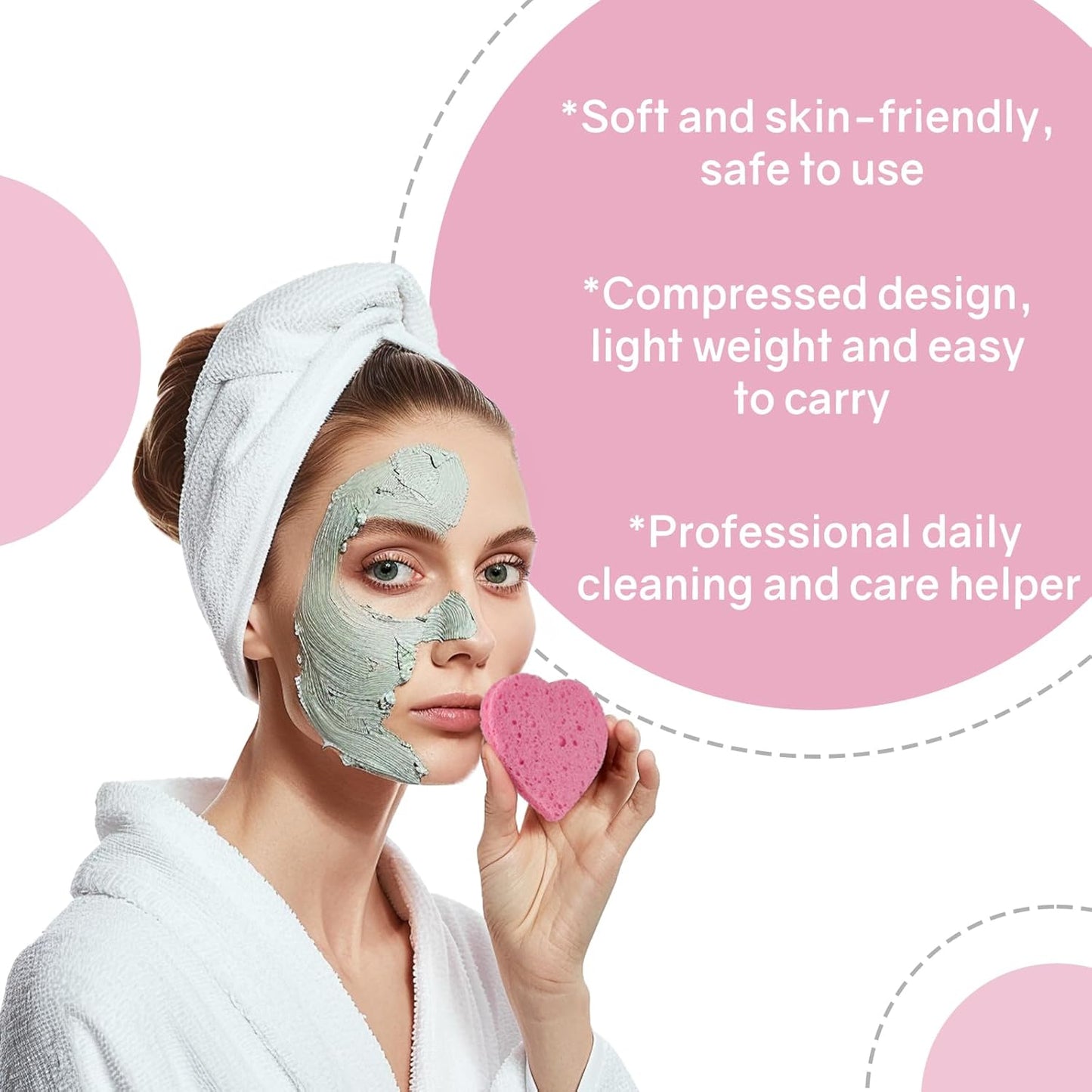 50-Count Heart Shape Compressed Facial Sponges,100% Natural Cellulose Face Sponge Spa Sponges for Removing Dead Skin, Dirt and Makeup(Pink)