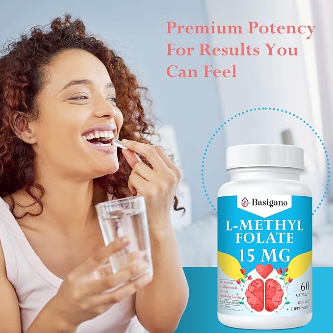15mg L Methylfolate (5-MTHF)- Active Folic Acid-Enriched with Vitamins B6 and B12-60 Vegetarian Capsules - Non-GMO, Gluten-Free