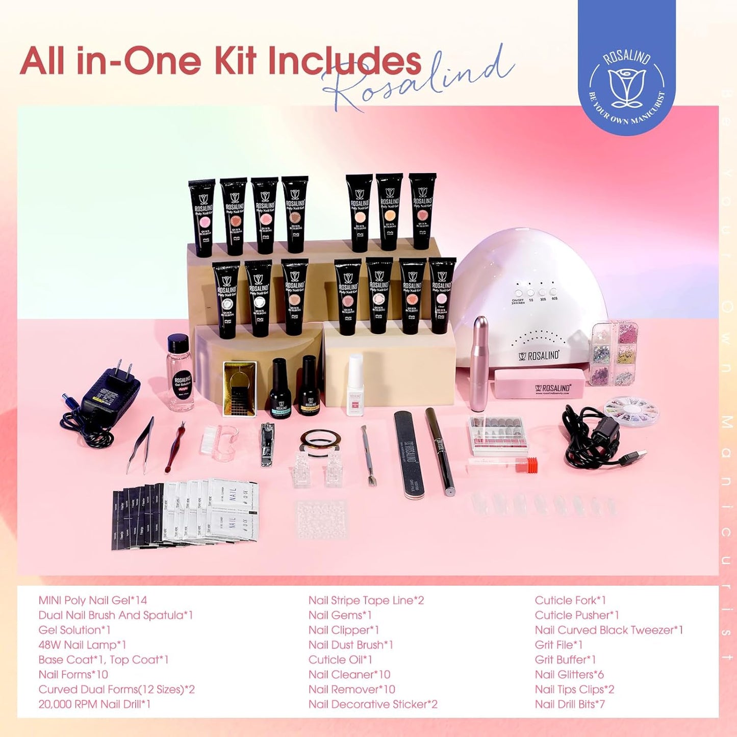 Poly Nail Gel Starter Kit -14 Colors + 75 Nails Art Accessories Kits, ROSALIND Nue Clear Poly Extension Gel with Big UV Light 48W and Electric Nail Drill Starter Kit with Everything