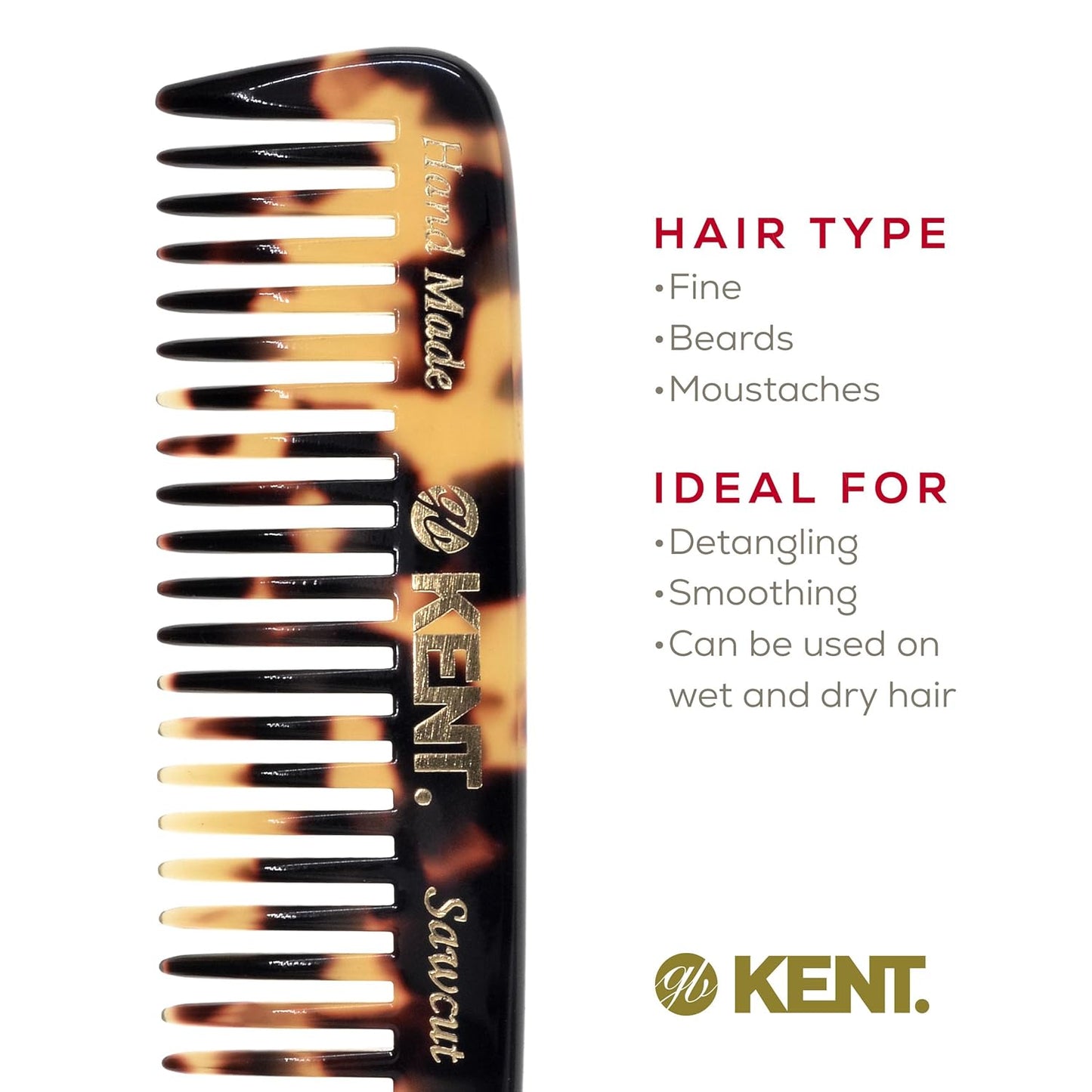 Kent 93T Tokyo White Beard Comb for Men - Wide Tooth Men's Comb, Ideal For Mustaches and Beards and Facial Hair, Small Pocket Sized Travel Detangler Combs, Saw-Cut, Hand Polished, Made in England