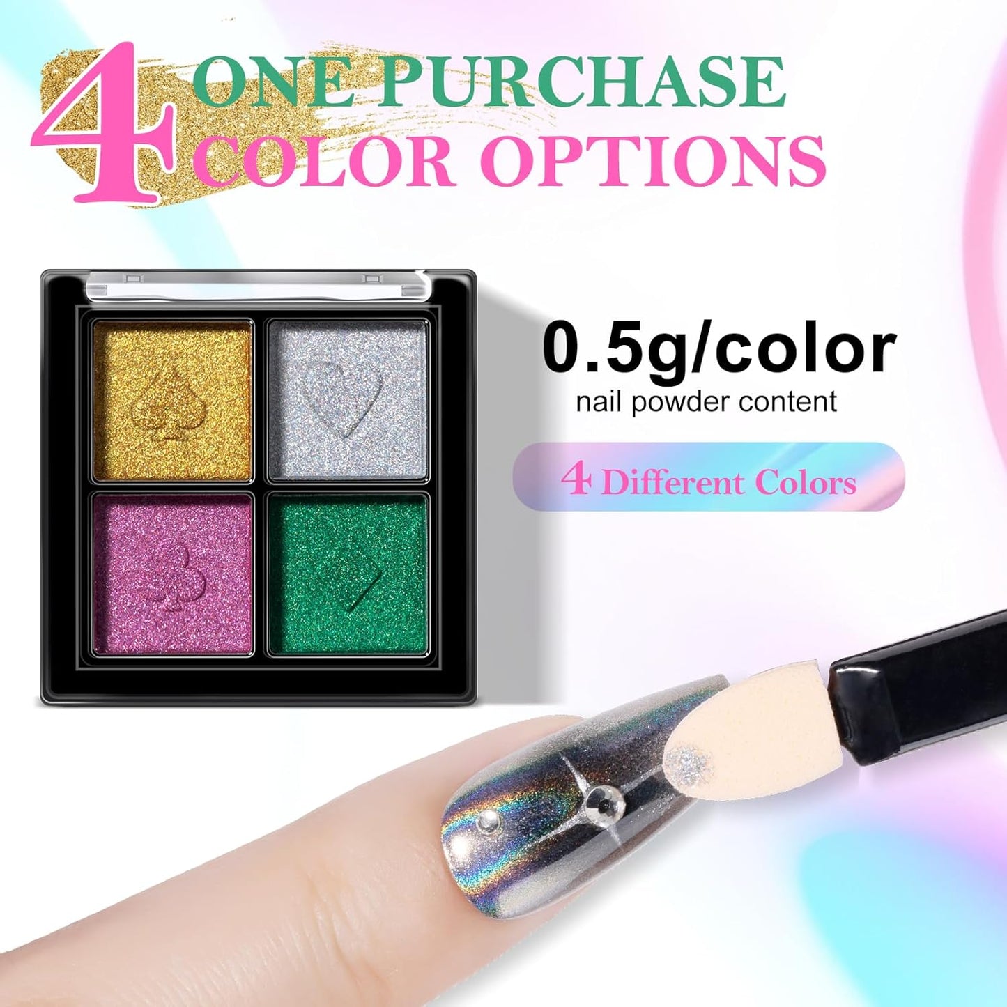 NXJ INFILILA Holographic Chrome Nail Powder, 4 Colors Gold, Silver, Pink, Green Rainbow Unicorn Iridescent Glitter Pigment Dust for Nail Art Design Professional Salon & Home Use