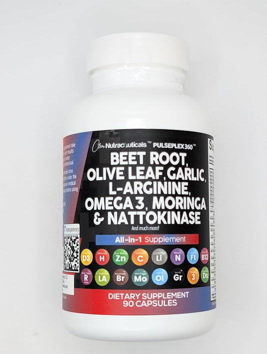 Clean Nutraceuticals Beet Root Capsules Olive Leaf Nattokinase Garlic Extract L-Arginine Omega 3 Red Yeast Rice Hibiscus Danshen - Healthy Support Supplement - 90 Ct