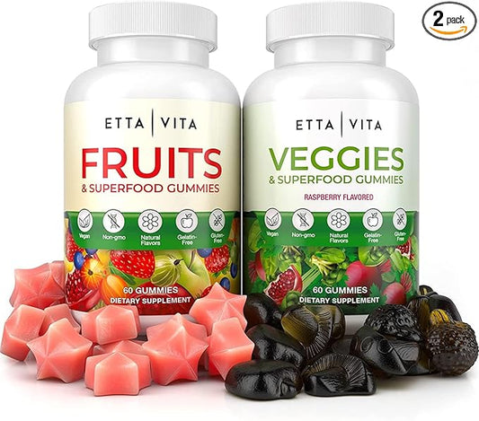 (120 Chews) Fruits and Veggies Supplement - Superfood Fruits and Veggies Gummies (9 Superfruits & 30 Veggies) Mushrooms, Fruit and Vegetable Vitamins, Non-GMO, Pectin-Based, Gluten-Free, No Capsules