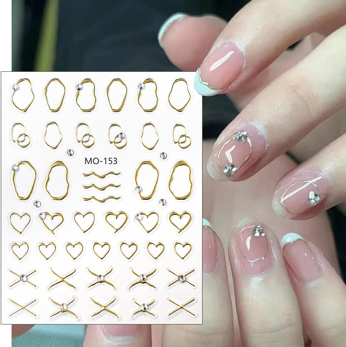 Simple French Nails Art Stickers Heart Lines Nail Decals 3D Self Adhesive Hollow Geometric Frame Nail Stickers with Diamond Design Stripe Nail Supplies Bronzing French Decoration for Women 5Pcs