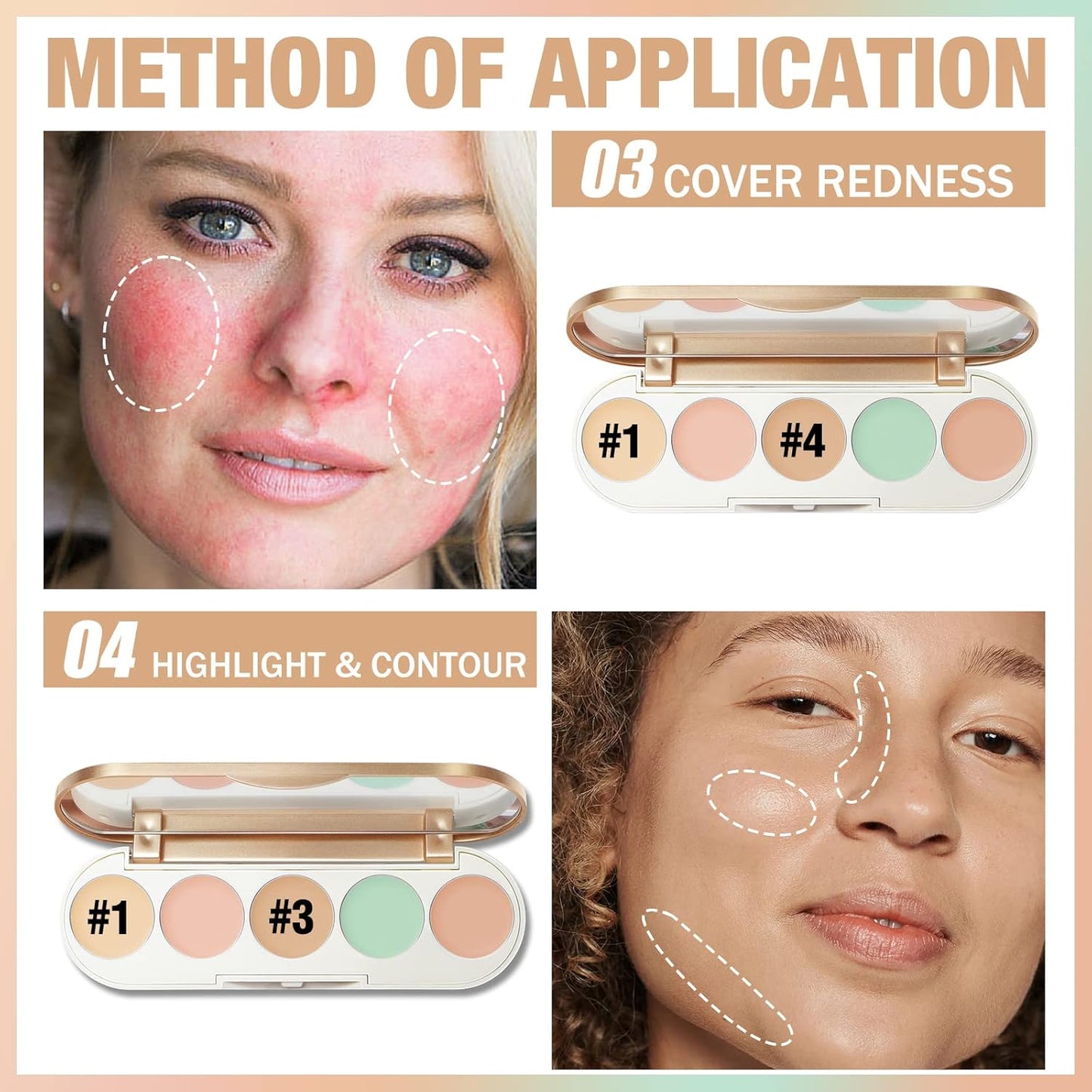 FOCALLURE #GoldenAge 5 in 1 Multi Uses Concealer Palette, 5 Colors Correcting Conceal Palette, Camouflage Contour Palettes for Dark Circles, Face Contouring Highlighter Pallet, CC01 LIGHT-CORRECTING