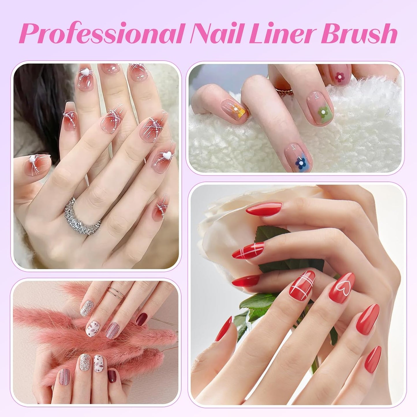 Liner Brush for Nails, 5Pcs Thin Nail Art Brushes Professional Nail Detail Brush for Gel Polish Sizes 4/8/12/20/25mm (Pink)