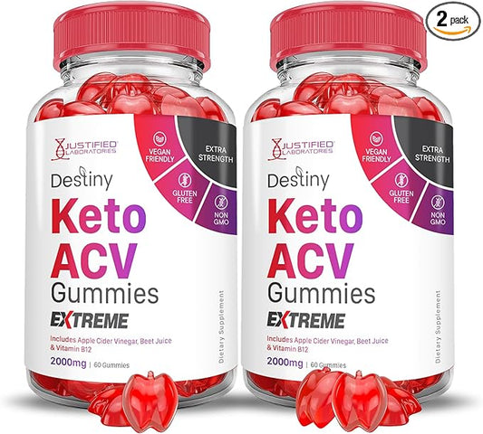 (2 Pack) Destiny Keto ACV Gummies Extreme 2000MG Destiny Keto Gummies Advanced Formula Apple Cider Vinegar with Pomegranate Beet Juice Powder B12 Vegan Non GMO 120 Gummys