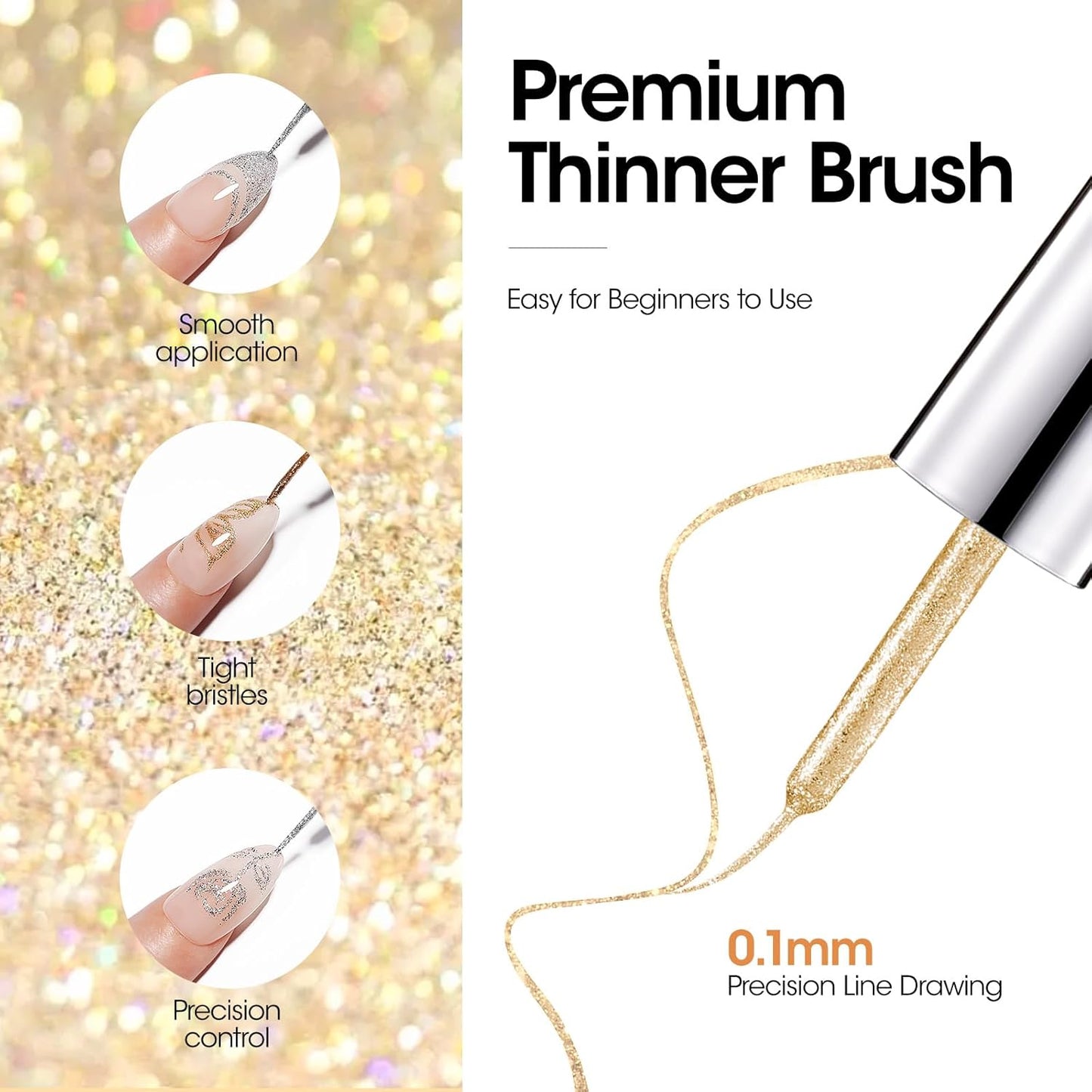 GELLEN Gold Silver Liner Gel Nail Polish, 2Pcs 10ml Soak off Uv Lamp Glitter Nail Art Polish Set with Built Thin Brush, Gel Art Paint for Sparkly Shiny Swirl Nails, Christmas Diy Gift for Women Girls