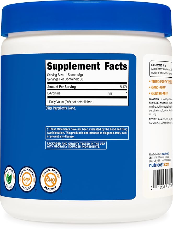 Nutricost L-Arginine (250 Grams) - Pure L-Arginine Powder - 5000mg Per Serving; 50 Servings