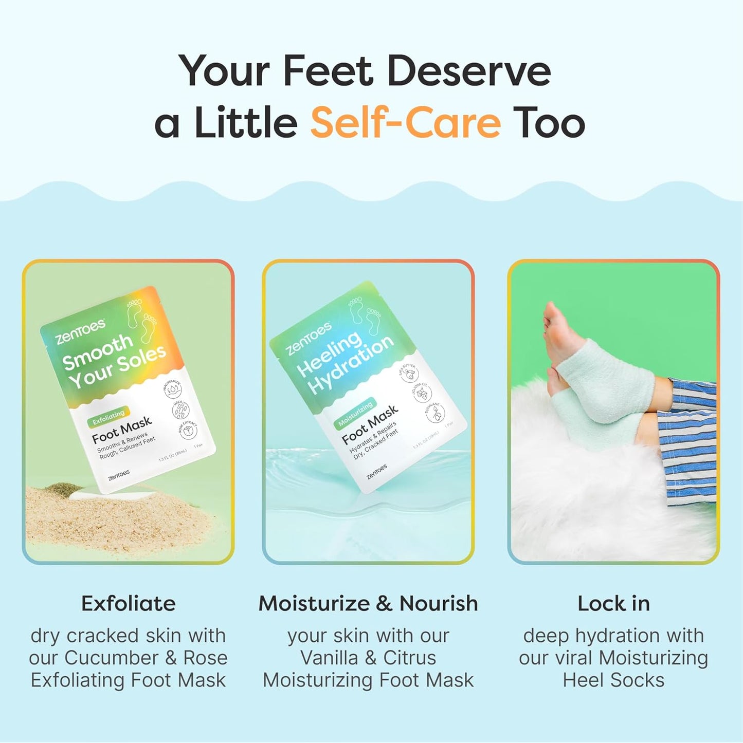 ZenToes Moisturizing Foot Mask for Dry Cracked Feet | Shea Butter, Jojoba Oil & Squalane Infused Hydrating Sheet Masks | Spa Experience At Home | Mess Free Design | Vanilla Citrus Scented, 3 Pairs