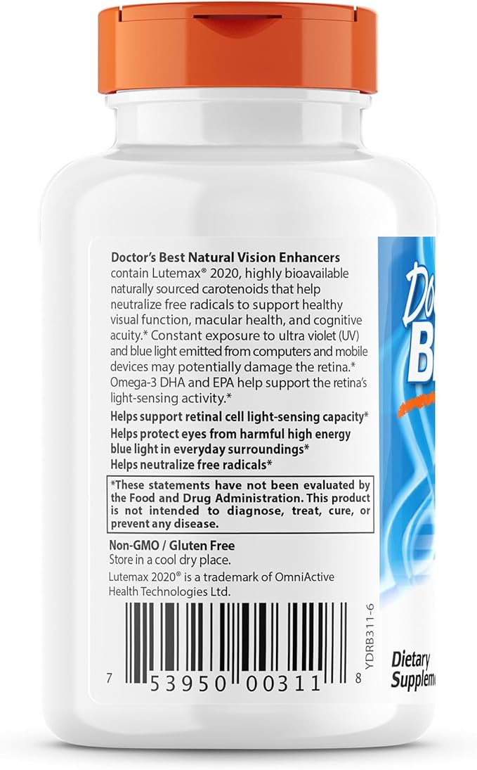 Doctor's BEST Natural Vision Enhancers contain Lutemax 2020, Supports Eye Health, Sharper Vision, Helps Filter Out Blue-Light, 60 Softgels