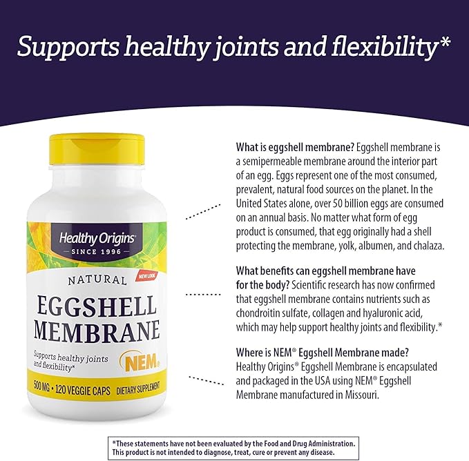 Healthy Origins Eggshell Membrane (NEM), 500 mg - Natural Collagen and Joint Support Supplement - Gluten-Free Supplement - 120 Veggie Capsules