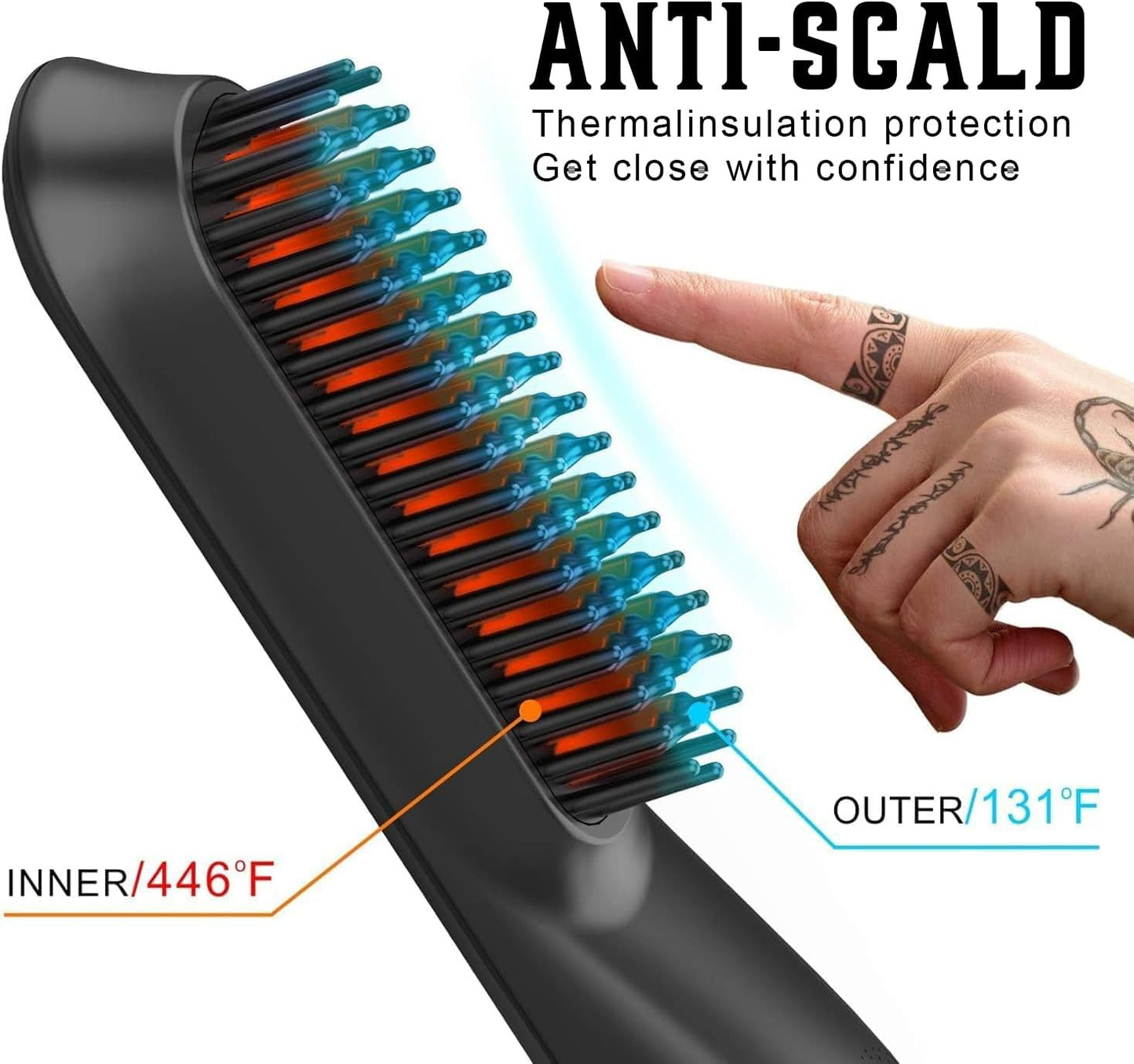 Heated Ionic Hair Straightening Brush for Men - 5 Temperature Settings, Anti-Scald, Beard Shaper & Travel Bag