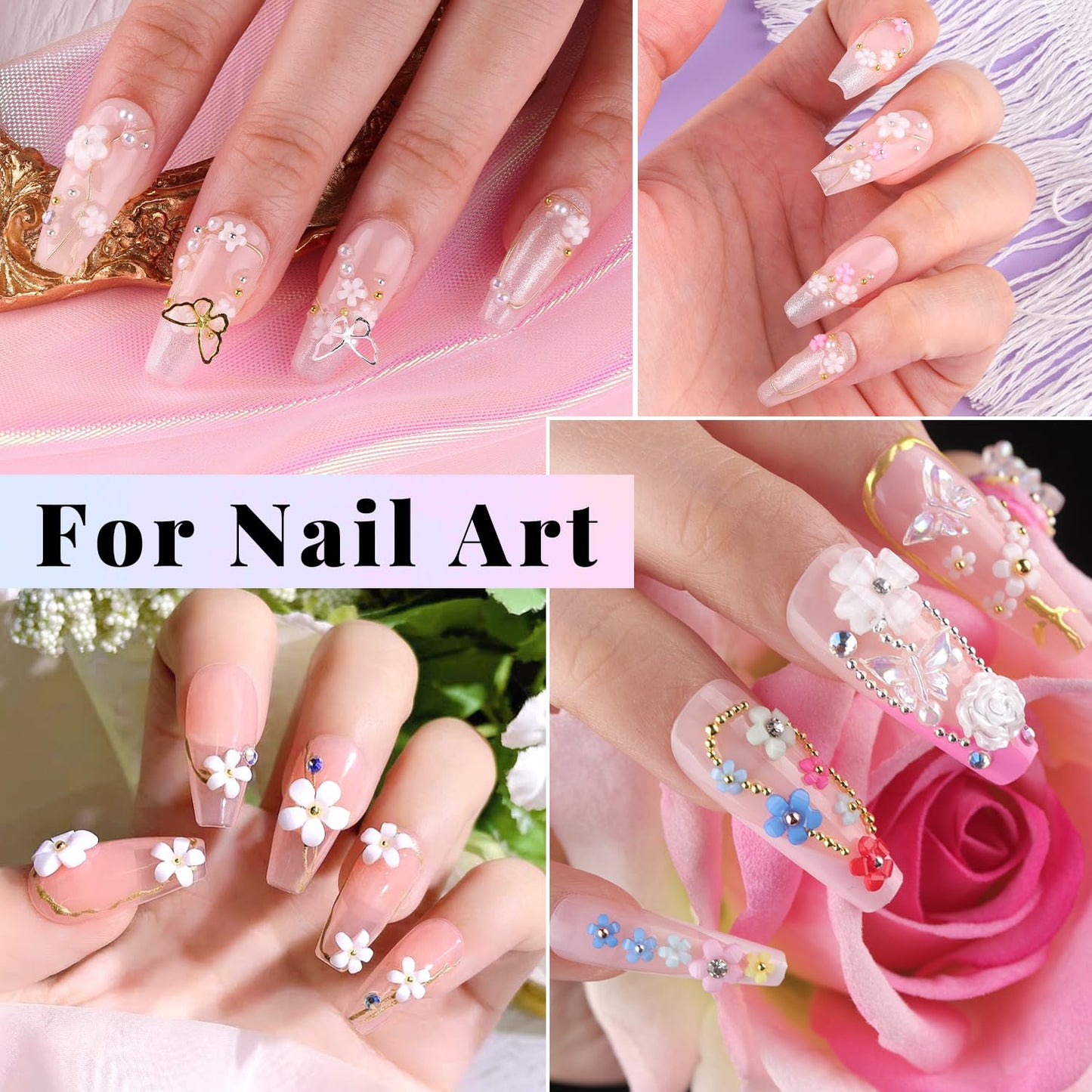 3D Flowers Manicure Gems with Nail Rhinestone Glue Gel, Colorful Acrylic Flower Nail Charms with Caviar Beads, Rhinestones and Gem Glue for Nails (UV/LED Needed) with Pickup & Dotting Tools