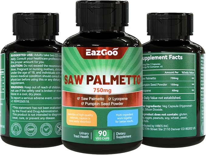 Saw Palmetto Supplement, Saw Palmetto Extract 750mg, with Lycopene, Pumpkin Seed Powder, for Men and Women,Non-GMOs & Gluten, Vegan, 90 Count Capsules(Pack of 2)