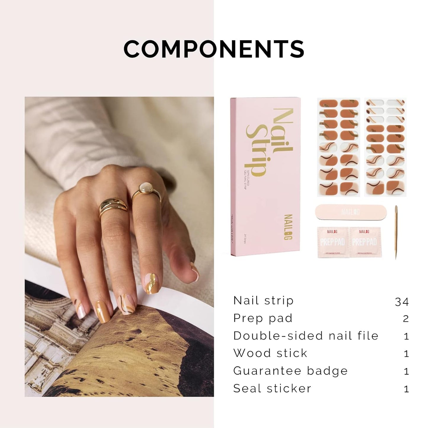 Nailog Semi Cured Gel Nail Strips 34 pcs| Long Lasting Nail Polish Sticker Wraps with Glossy Gel Finish, Maze