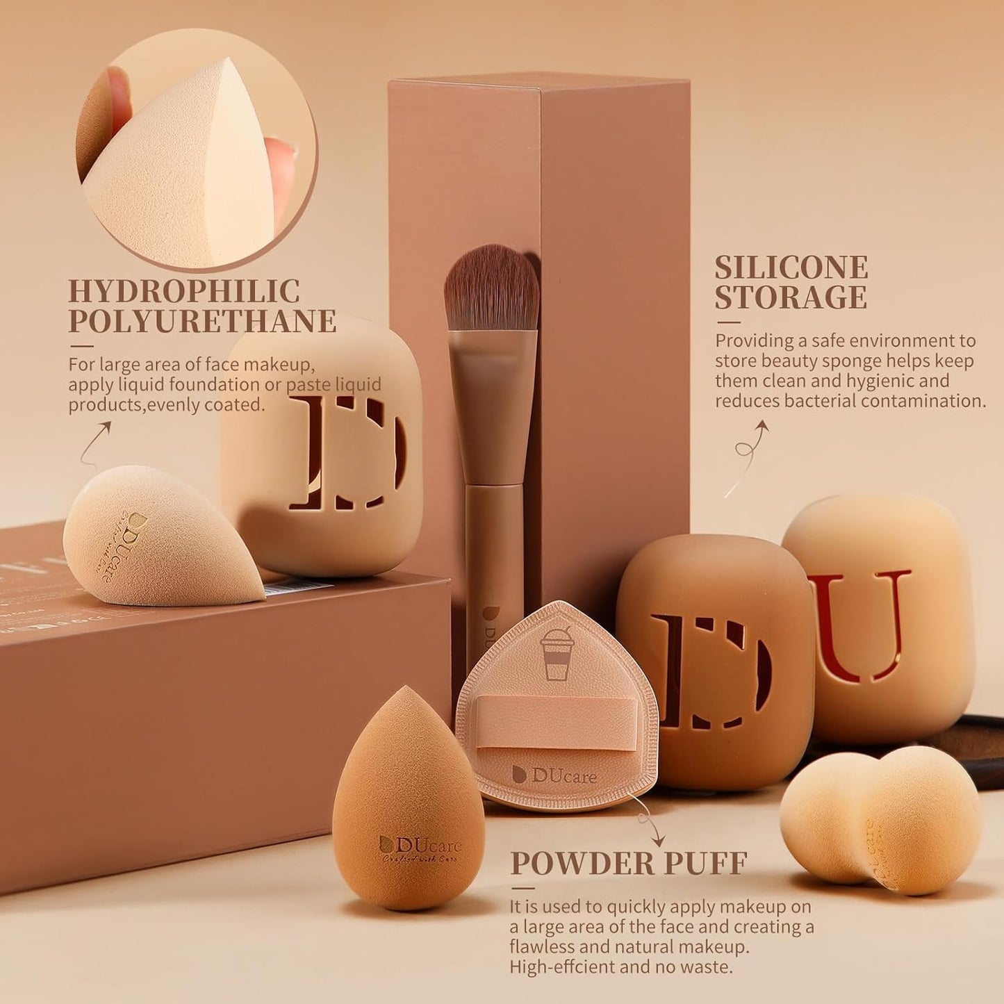 DUcare Makeup Brushes Set 14Pcs Coffee Series Makeup Brush set with Makeup Sponges Gifts Foundation Blending Face Powder Blush Eye Shadows Brushes