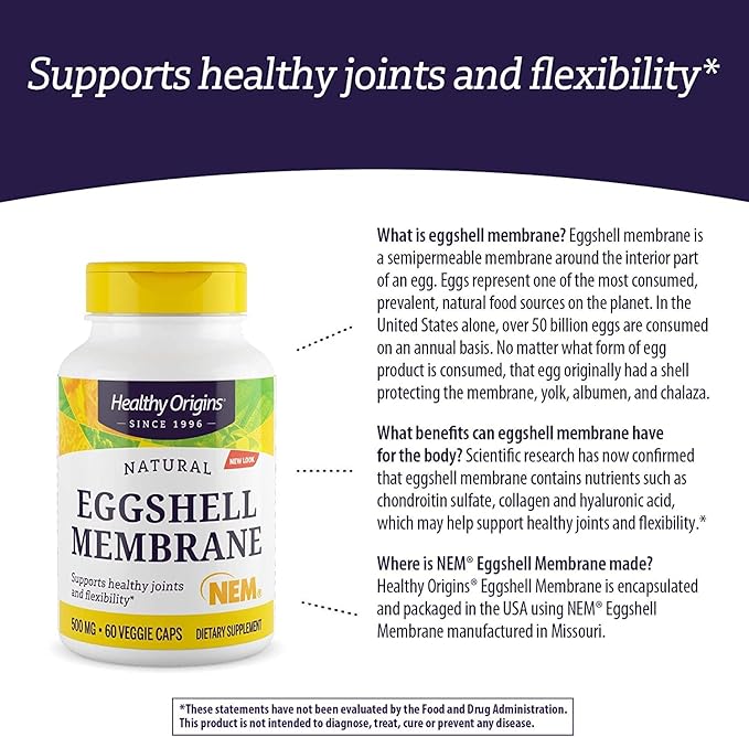 Healthy Origins Eggshell Membrane (NEM), 500 mg - Natural Collagen and Joint Support Supplement - Gluten-Free Supplement - 60 Veggie Capsules