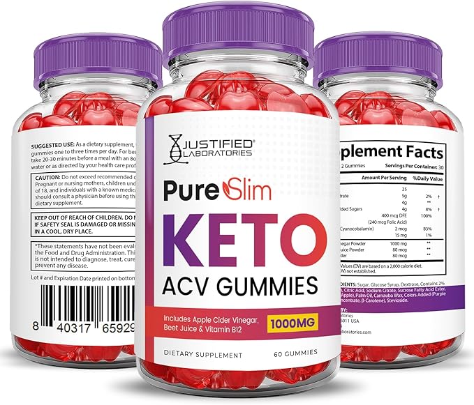 (2 Pack) Pure Slim Keto ACV Gummies Advanced Formula 1000MG PureSlim Keto Gummies Apple Cider Vinegar Formulated with Pomegranate Beet Juice Powder B12 Vegan Non GMO 120 Gummys