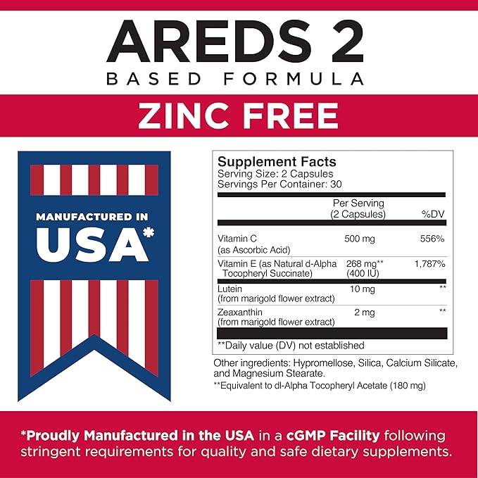 Viteyes AREDS 2 Zinc Free Macular Support, Natural Allergen Free Capsules with Vitamin E, Vitamin C, Lutein & Zeaxanthin, No Zinc, No Copper, Eye Doctor Trusted, Manufactured in The USA, 60 Ct