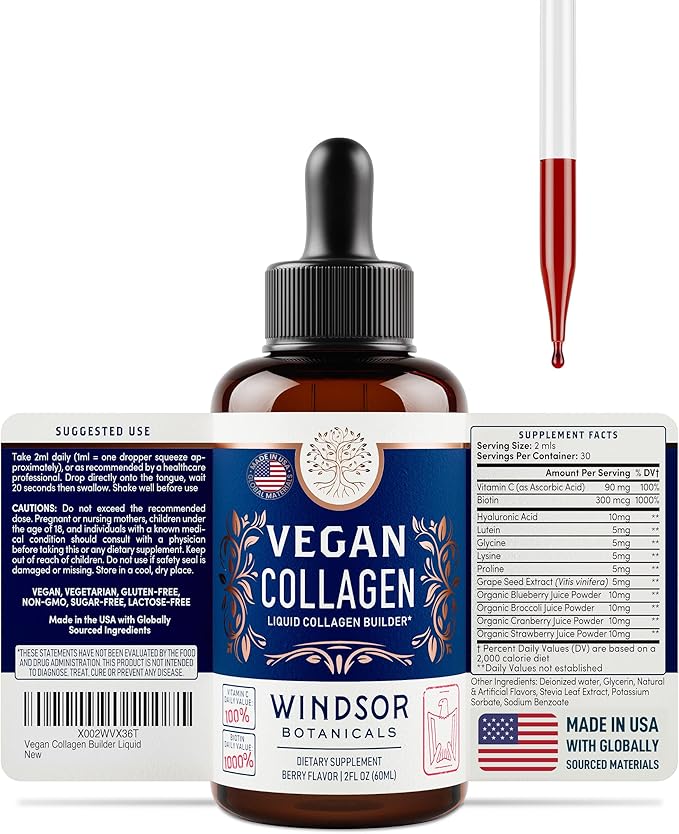 Vegan Collagen Builder Liquid Supplement - Collagen Booster with Vitamin C, Biotin, Hyaluronic Acid & Amino Acids - Vegetarian Collagen for Women, Organic Fruit & Vegetable Blend - 60ml, 30 Day