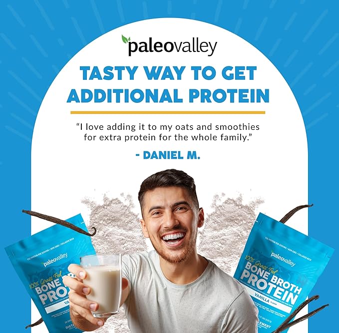 Paleovalley 100% Grass Fed Bone Broth Protein Powder - Vanilla - Rich in Collagen for Hair, Skin, Gut Health, Bone and Joint Support - 28 Servings