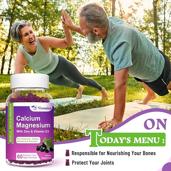 High Absorption Calcium Magnesium Zinc Gummies, Calcium Magnesium Supplement with Potassium Vitamin D3 for Bone & Teeth Strength, Muscle Function - Blueberry Flavor 60 Cts