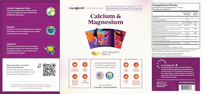 LIQUIDHEALTH Calcium & Magnesium Adult Liquid Vitamin Supplement - Bone, Joint, Muscle, Connective Tissue Support, Heart Health, Essential Nutrients - Great Taste, Vegan, Non GMO, Sugar-Free (3 Pack)