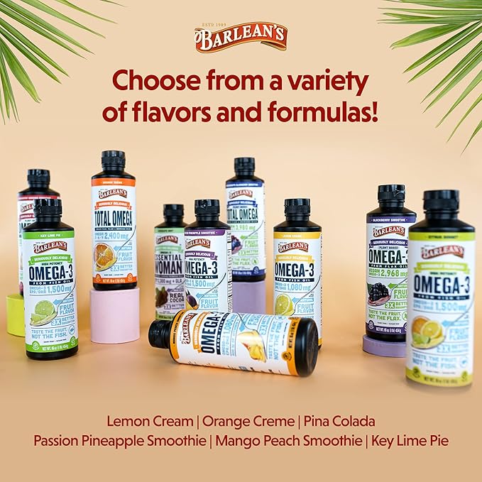 Barlean's Omega 3 Fish Oil Liquid Supplement Pack of 3, EPA and DHA Fatty Acid, Smoothie Flavored for Brain, Joint, and Heart Health, Includes Key Lime Pie, Lemon Crème and Mango Peach Flavors, 8 oz