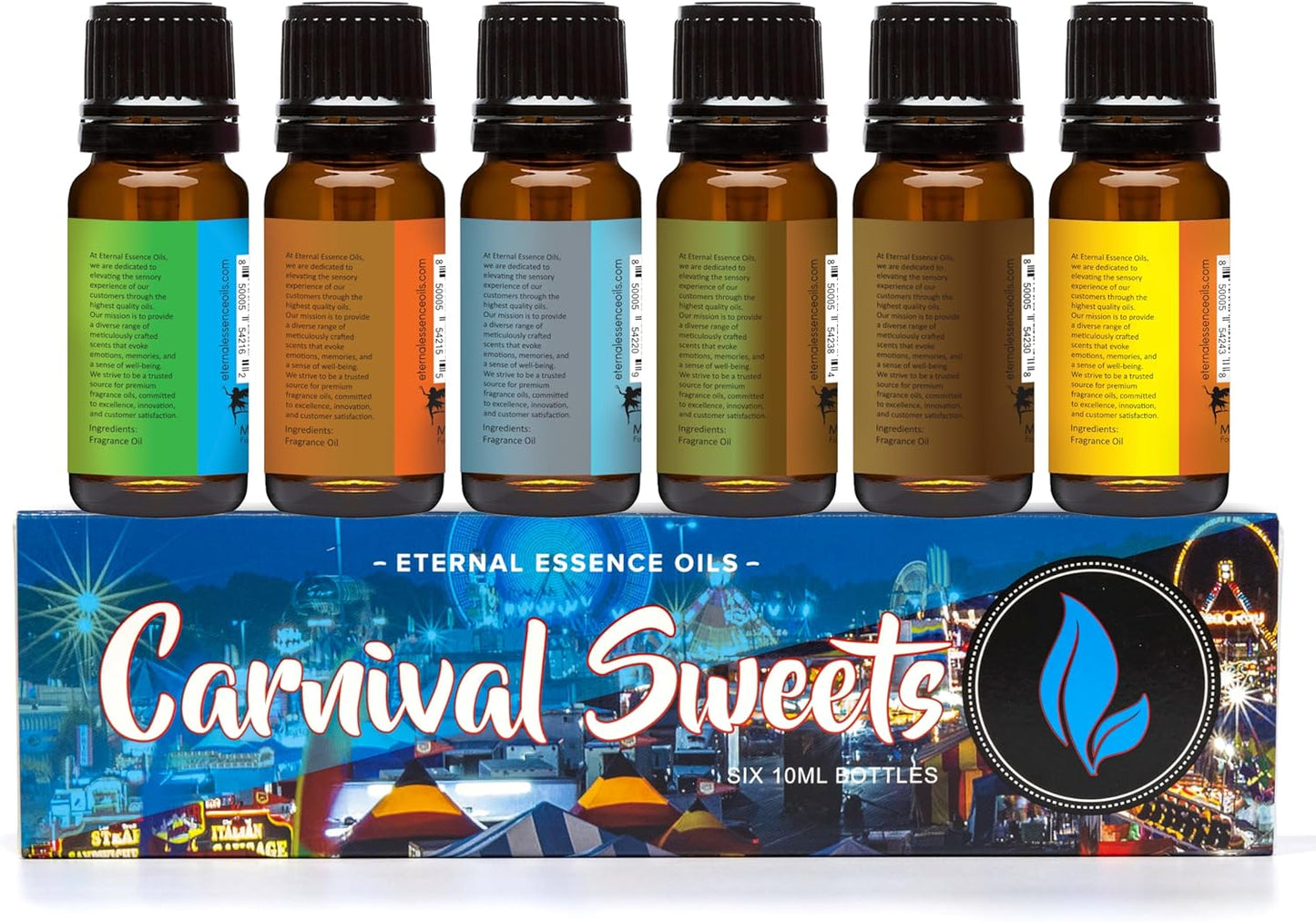 Eternal Essence Oils Carnival Sweets Set of 6 Premium Fragrance Oils - Candy Corn, Salted Caramel Pumpkin, Candy Concoction, Summer Boardwalk, Spiced Caramel Pear, and Maple Pecan Scented Oils - 10ML