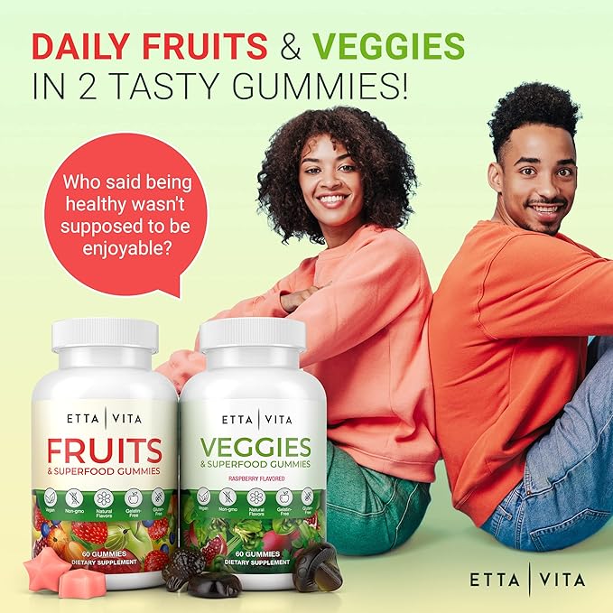 (120 Chews) Fruits and Veggies Supplement - Superfood Fruits and Veggies Gummies (9 Superfruits & 30 Veggies) Mushrooms, Fruit and Vegetable Vitamins, Non-GMO, Pectin-Based, Gluten-Free, No Capsules