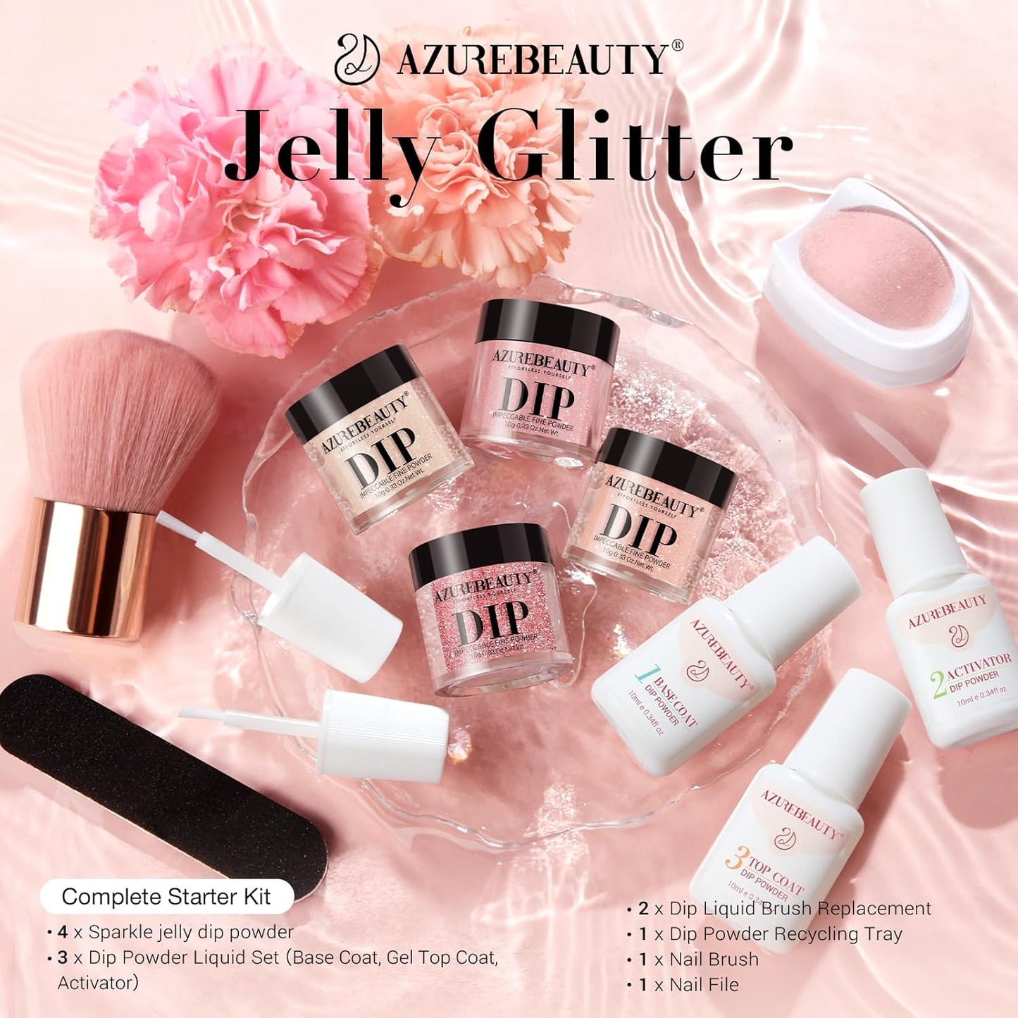 AZUREBEAUTY Jelly Dip Powder Nail Kit, Transparent Glitter Nude Pink Sheer Peach Neutral 4 Colors Dipping Powder Liquid Set with Base/Top Coat Activator for French Nail Art Manicure DIY Home Gifts