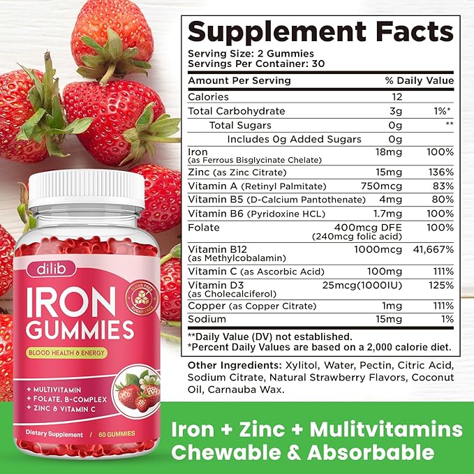 Iron Gummies with Multivitamin, Iron Supplement for Women & Men with Zinc, Vitamin B Complex & C, B12, Folate - Blood Builder & Energy Support for Adults & Kids - Strawberry Flavor, Vegan 60 Gummies