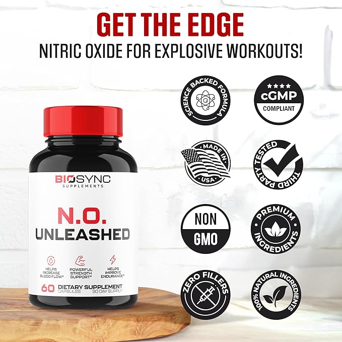 BioSync | #1 New Nitric Oxide Supplement Booster for Men | L Citrulline, L Arginine, Beta Alanine + 4 More Ingredients for Rapid Blood Flow, Skin Splitting Pumps, Strength - 60 Capsules