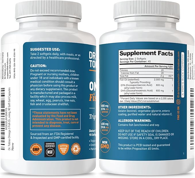 Dr. Tobias Omega 3 Fish Oil, 2000mg Triple Strength Omega 3 Supplement with 800mg EPA 600mg DHA Per Serving, Fish Oil Omega 3 Supplements for Heart, Brain & Immune Support, 90 Softgels, 45 Servings