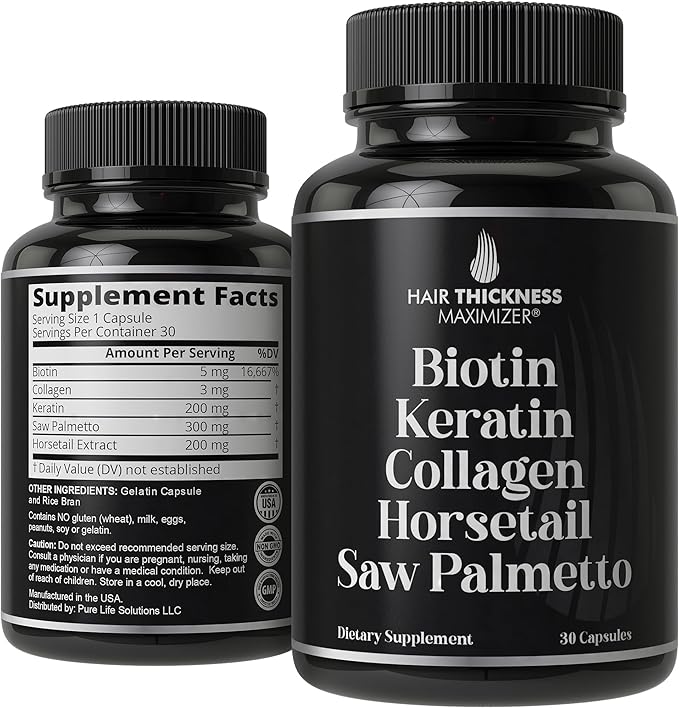 Biotin + Keratin + Collagen + Horsetail + Saw Palmetto. Advanced 5-in-1 Hair Growth Supplement for Women and Men. Hair Vitamins, DHT Blocker Pills. Capsules for Thinning Hair with Biotin 5000mcg