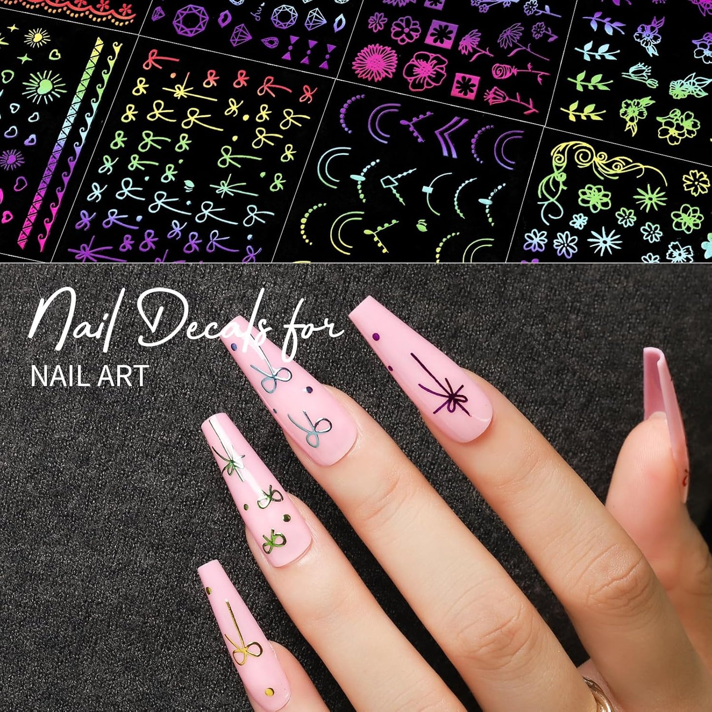 Teenitor 50 Sheets Nail Art Stickers, Rainbow Nail Stickers for Nail Art Nail Decals for Kids, Women, Fingernail in Halloween Christmas, Nail Supplies