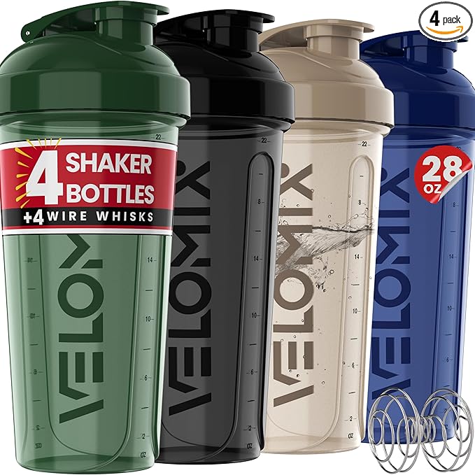 '-4 PACK- 28 oz Shaker Cups for Protein Shakes - 4x Wire Whisk | BPA-Free & Dishwasher Safe | Leak Proof Protein Shaker Bottles for Protein Mixes | Large Blender Shaker Bottle Pack(Forest Edge)