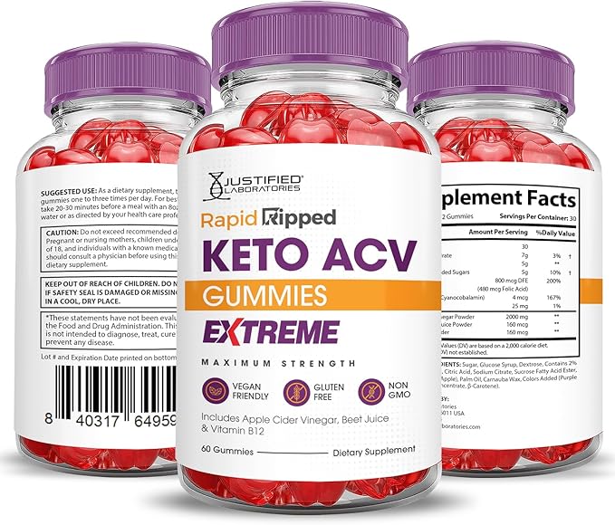 (2 Pack) Rapid Ripped Keto ACV Gummies Extreme 2000MG Rapidripped Keto Gummies Apple Cider Vinegar Formulated with Pomegranate Beet Juice Powder B12 Vegan Non GMO 120 Gummys