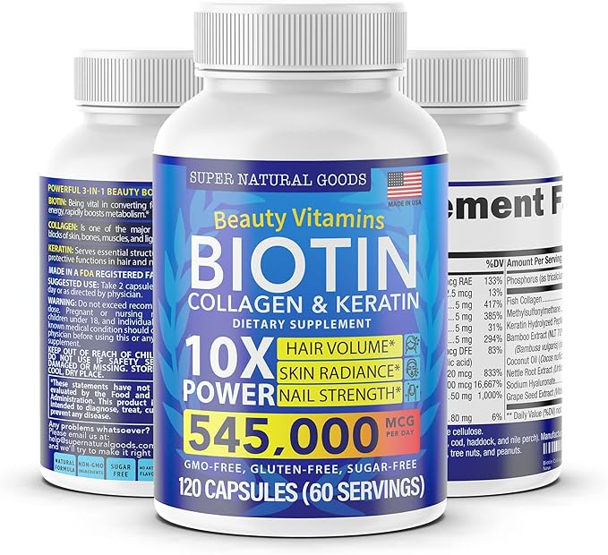 Biotin and Collagen Vitamins + Keratin with Folate - Hair Loss Treatments for Women & Men - Hair, Skin and Nails Supplements for Hair Growth & Postpartum Support - GMO Free & Gluten Free (120 Caps)