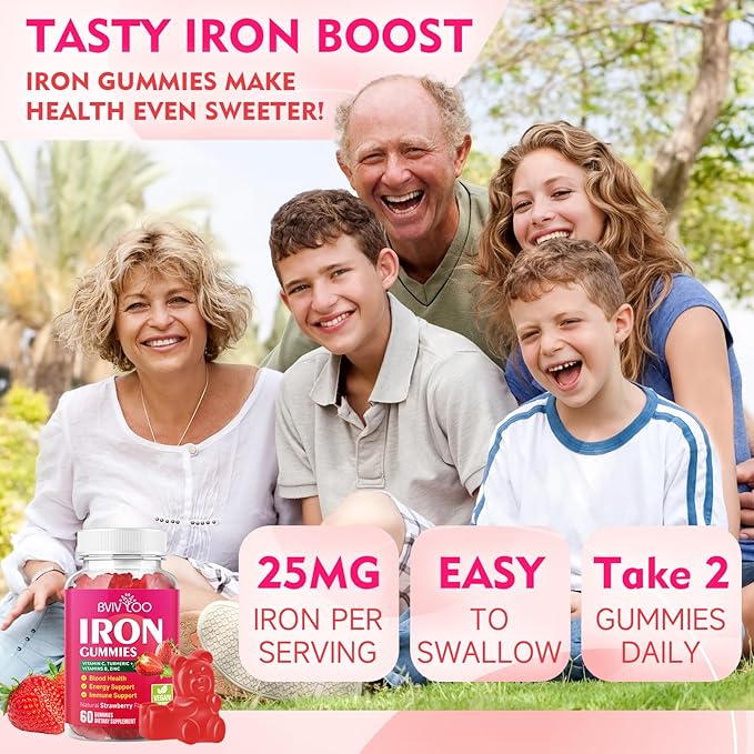 2 Pack Vegan Iron Gummies for Adults & Kids - with Vitamin C, A, B-Complex, Folate, Zinc, and Biotin - for Blood Building & Energy Support, 120 Gummies