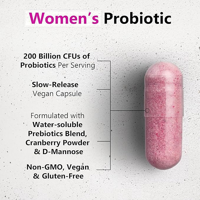 Premium Women's Probiotic, Prebiotic + Cranberry, 200 Billion CFUs, 35 Unique Strains & Fibers. PH Balance, Digestive, UTI & Overall Feminin Health. 60 Capsules.