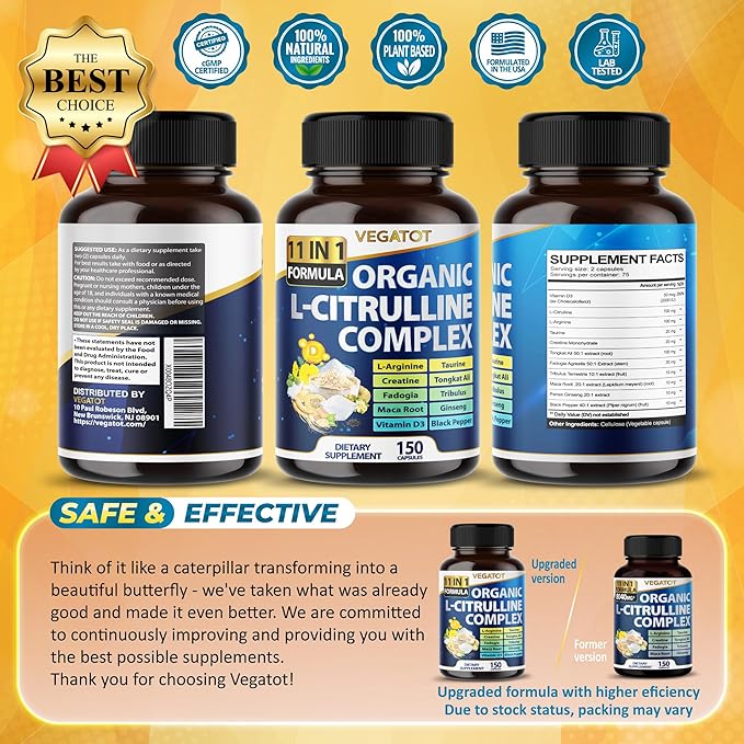 VEGATOT Organic L-Citrulline Complex 7,500mg - 11IN1 Formula L-Arginine, Taurine, Creatine - Tongkat Ali- for Muscle Builder, Strength - Made in The USA (150 Count (Pack of 1))