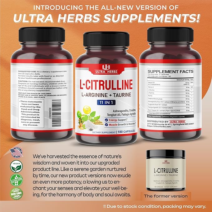 L-Citrulline Supplement Capsules Enriched with L-Arginine, Taurine, Creatine, Tongkat Ali, Fadogia Agrestis | Ultra Nitric Oxide Booster for Muscle Endurance, Stamina & Recovery | 180 Capsules