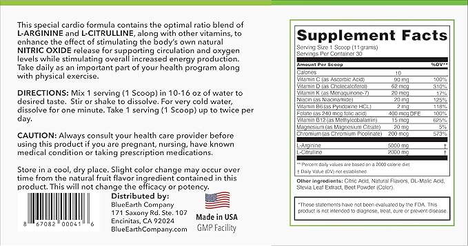 L-Arginine 5000mg + L-Citrulline 2000mg Complex Powder Supplement - Nitric Oxide Booster - Heart Health, Blood Flow, Energy & Endurance - 30 Servings (Berry Blend)