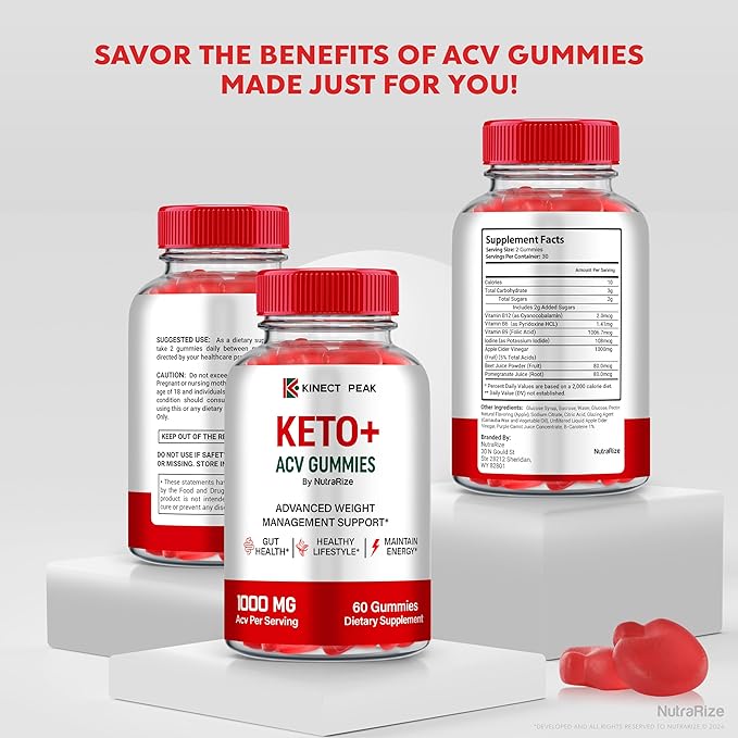 (2 Pack) Kinect Peak Keto ACV Gummies, KinectPeak Keto + ACV Supplement, All Natural Keto Plus Apple Cider Vinegar, Premium 1000MG Formula Plus Vitamins, Official Gomitas Reviews (120 Gummies)