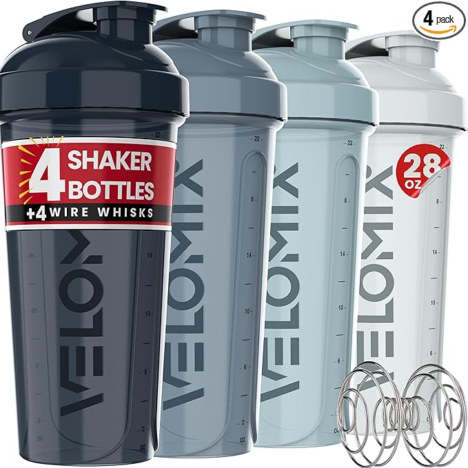 '-4 PACK- 28 oz Shaker Cups for Protein Shakes - 4x Wire Whisk | Leak Proof Protein Shaker Bottles for Protein Mixes | Protein Shaker Bottle Pack | Mixer for Protein Shakes(Aqua Depths)