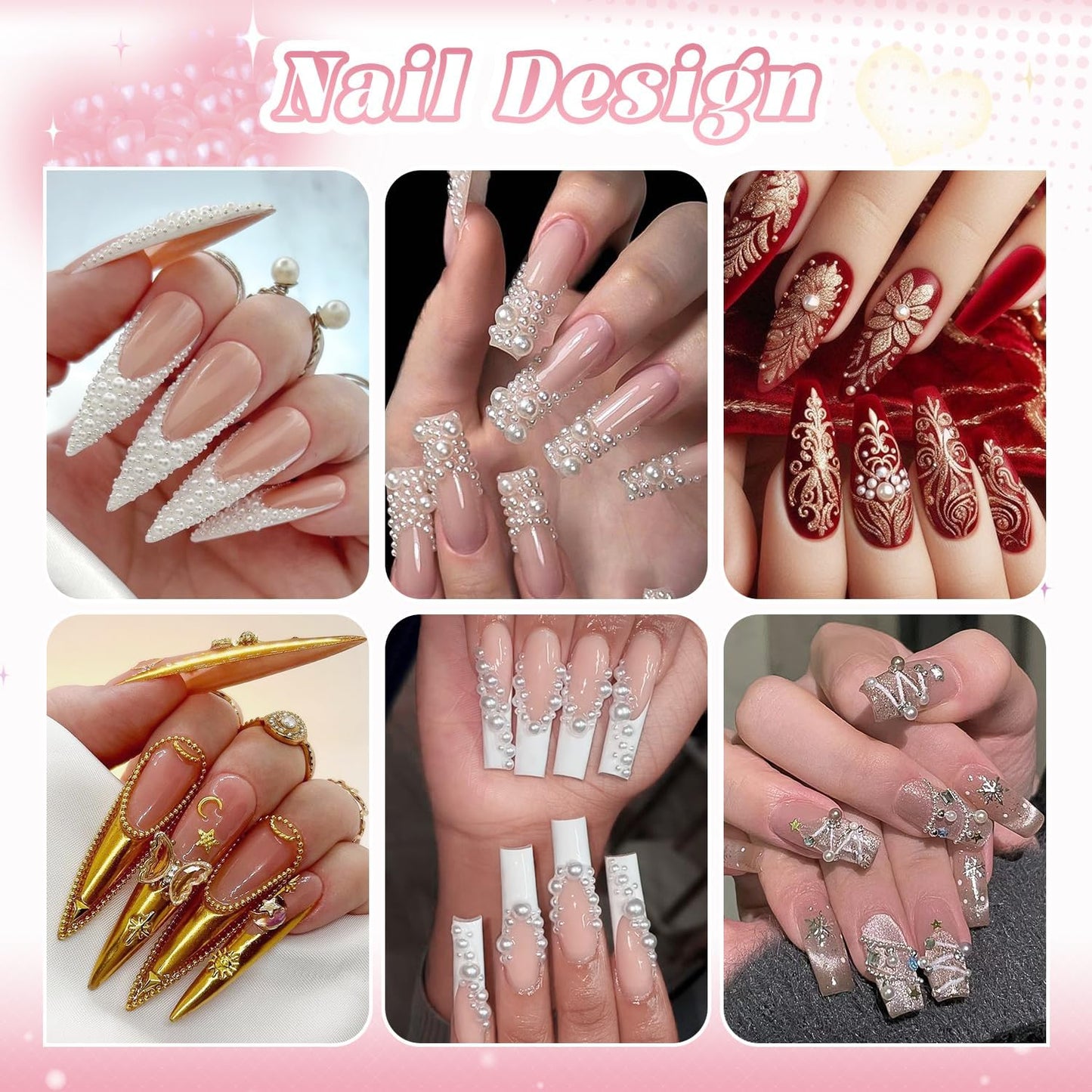 Flatback Pearls and Metal Nail Beads With Rhinestones Glue Gel for Art, Charms and Round Caviar Beads Accessories for Acrylic Tips Manicure Decor (White, Silver+Gold)