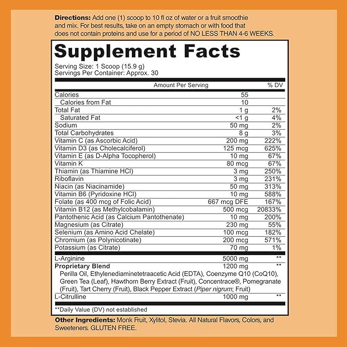 Cardio Heart Health Powder – L-Arginine Supplement 5000mg & L-Citrulline 1000mg,16.82 oz