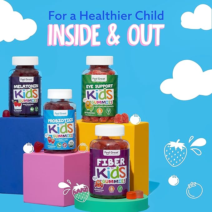 Feel Great USDA Organic Kids Probiotics Gummies | Chewable Strawberry Probiotics for Digestive Health & Immune Support | Plant Based Probiotic & Prebiotic for Kids | 30 Count